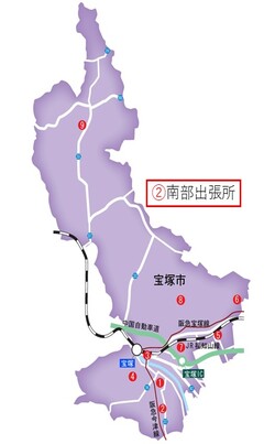宝塚市内での南部出張所の位置の地図