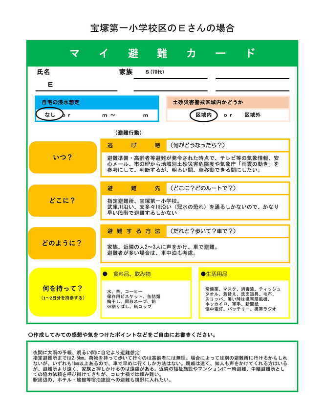 宝塚第一小学校区のEさんのマイ避難カード