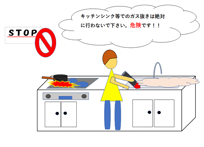 キッチンシンク等でのガス抜き作業は危険です。