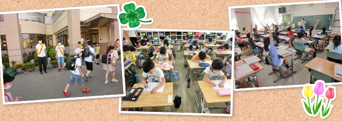 写真3点：（左）登校する児童たち（中央）机に向かい書いている児童たち（右）教室で元気よく手を挙げる児童たち