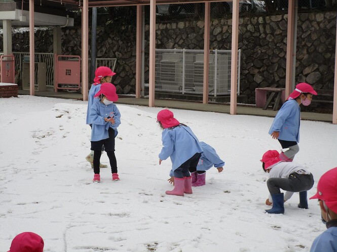 雪を触って遊ぶ子どもの写真