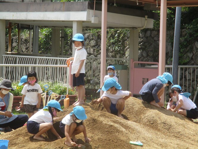 すみれ組が土山で遊んでいる様子の写真