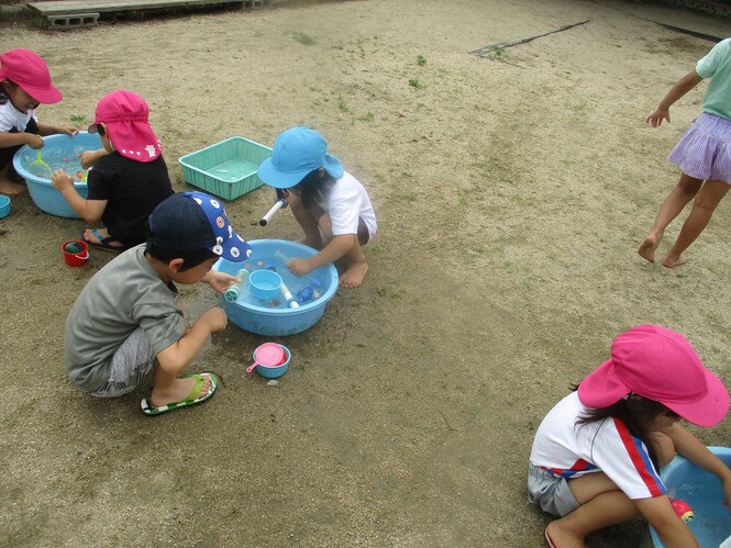 水遊びでスーパーボールすくいをする子どもの写真