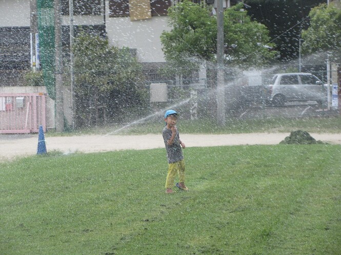 芝生広場のスプリンクラーの水をあびている子どもの写真