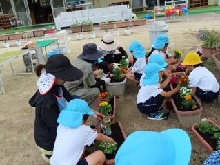 花の苗植えをしている子どもたちの写真