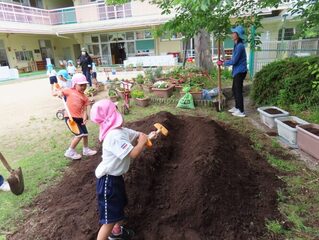 土づくりをしている子どもたちの写真