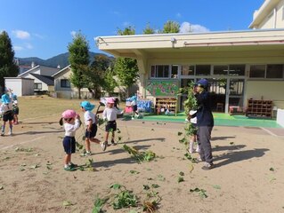 芋のツルで遊んでいる子どもたちの写真