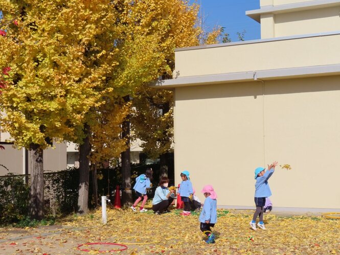 イチョウの葉で遊んでいる子どもたちの写真