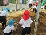 こどもたちは、大喜びで、土山遊びをしています。