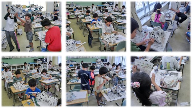 はりこの仮面を作成している様子
