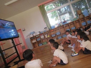 魚の映像を見ている子どもたちの写真
