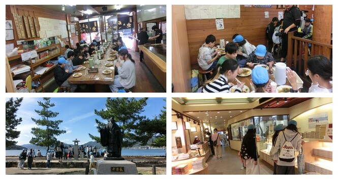 買い物の様子と広島焼を食べているところ