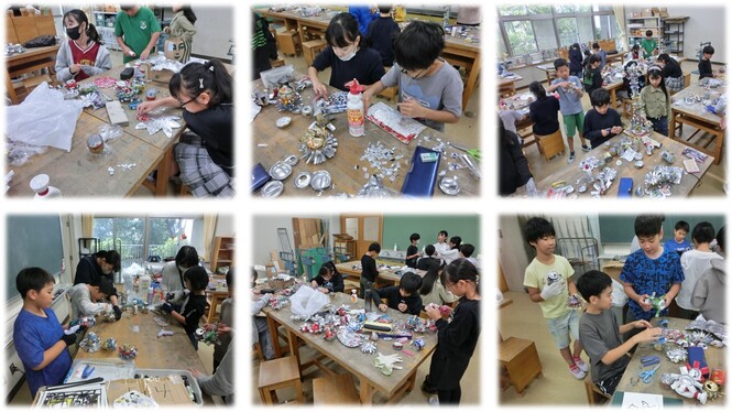 空き缶でアートを作っている様子