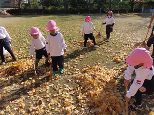 イチョウの掃除をしている子どもたちの写真