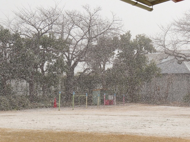 雪が降っている園庭の写真