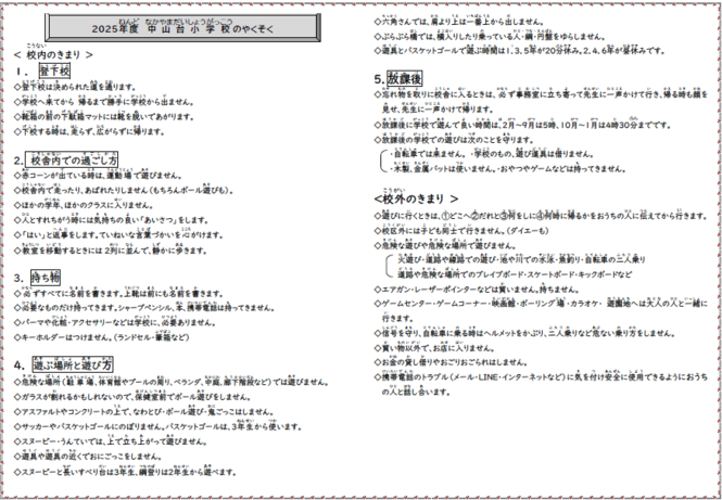 中山台小学校の約束内容です。