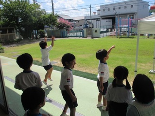 空を見ている子どもたちの写真