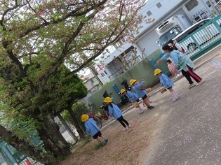 桜の花びらをキャッチしている子どもたちの写真