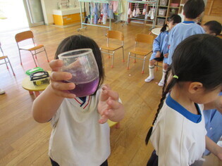 作った色水を見せている子どもたちの写真2