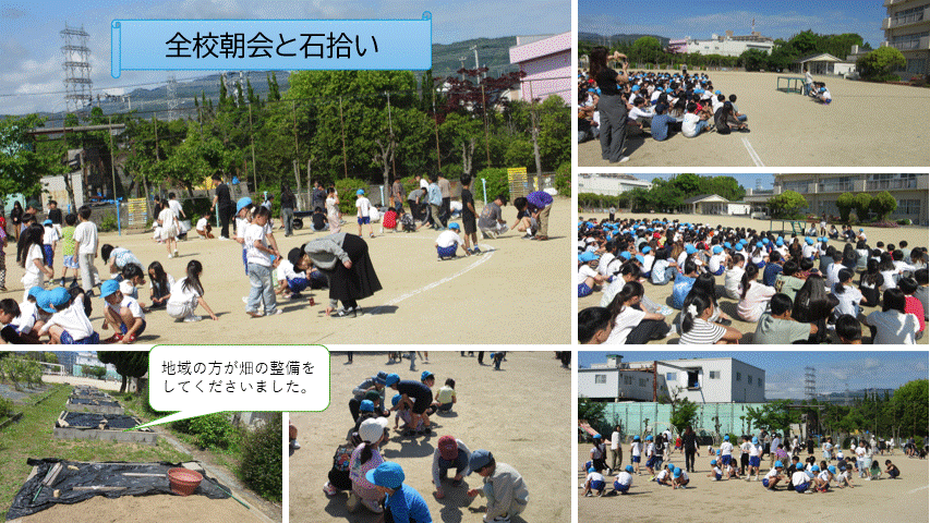 全校朝会と石拾いの様子