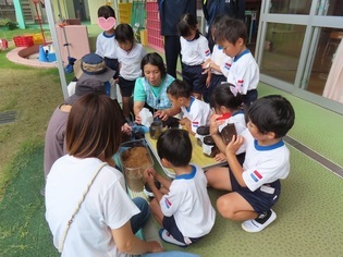 保育園の友達にカブトムシの幼虫をプレゼントしている子どもたちの写真